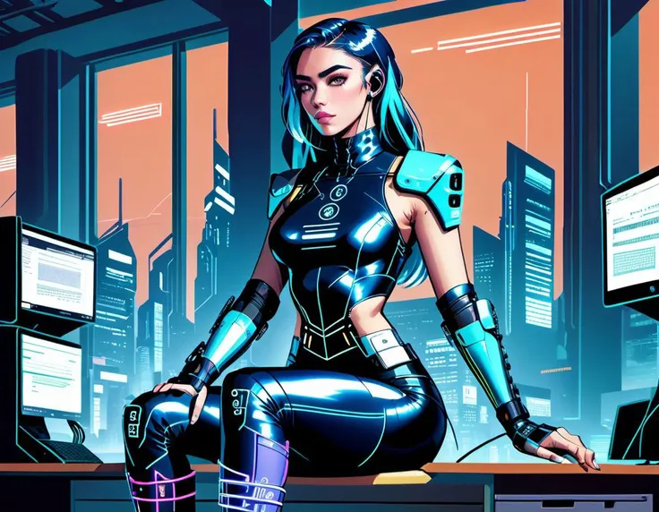 cyberpunk, nighttime, close up on schoolgirl computer hacker, cyborg cute Australian 20 year old undergraduate student wearing tight latex sitting at a university desk, three fourth perspective, cyber latex leggings, (lineart:2), (line art:2), (flat colors:1), (flat color:2), futuristic, midnight dystopian cityscape through the windows, <lora:lineartSDXL:1.00>