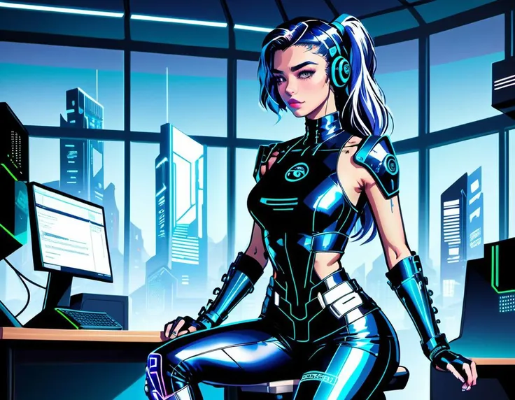 cyberpunk, nighttime, close up on schoolgirl computer hacker, cyborg cute Australian 20 year old undergraduate student wearing tight latex sitting at a university desk, three fourth perspective, cyber latex leggings, (lineart:2), (line art:2), (flat colors:1), (flat color:2), futuristic, midnight dystopian cityscape through the windows, <lora:lineartSDXL:1.00>