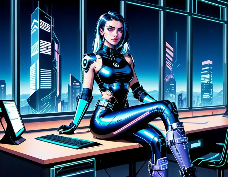 cyberpunk, nighttime, close up on schoolgirl computer hacker, cyborg cute Australian 20 year old undergraduate student wearing tight latex sitting at a university desk, three fourth perspective, cyber latex leggings, (lineart:2), (line art:2), (flat colors:1), (flat color:2), futuristic, midnight dystopian cityscape through the windows, <lora:lineartSDXL:1.00>