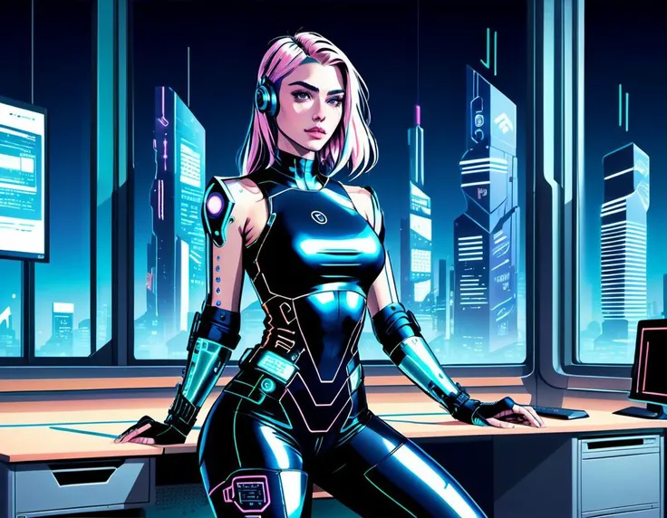 cyberpunk, nighttime, close up on schoolgirl computer hacker, cyborg cute Australian 20 year old undergraduate student wearing tight latex sitting at a university desk, three fourth perspective, cyber latex leggings, (lineart:2), (line art:2), (flat colors:1), (flat color:2), futuristic, midnight dystopian cityscape through the windows, <lora:lineartSDXL:1.00>