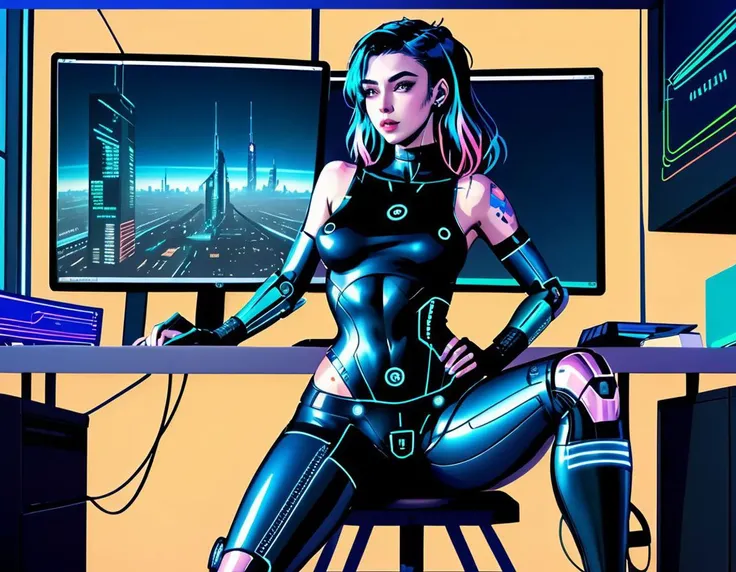 cyberpunk, nighttime, close up on schoolgirl computer hacker, cyborg cute Australian 20 year old undergraduate student wearing tight latex sitting at a university desk, three fourth perspective, cyber latex leggings, (lineart:2), (line art:2), (flat colors:1), (flat color:2), futuristic, midnight dystopian cityscape through the windows, <lora:lineartSDXL:1.00>