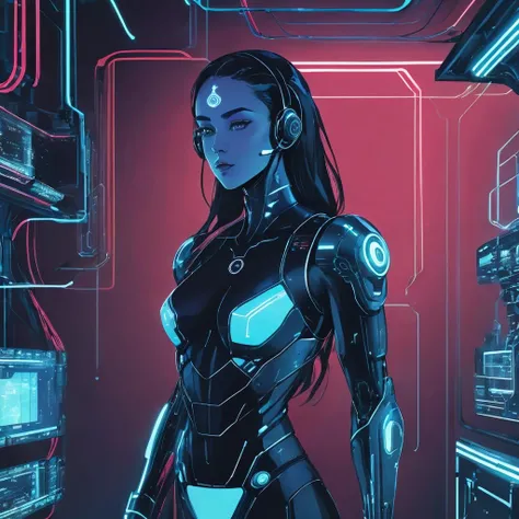 cyborg woman connected to cyberspace, science fiction, three fourth perspective, high tech, line art, (flat colors), masterpiece, high quality, 8k, best_quality, <lora:lineartSDXL:1>