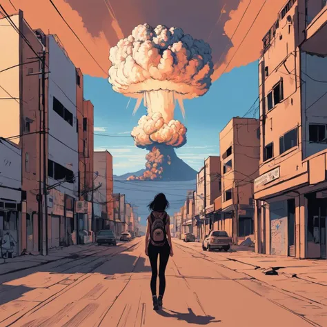 1girl, epic landscape, nuclear explosion, masterpiece, realistic, lineart, flat colors, <lora:lineartSDXL:1>