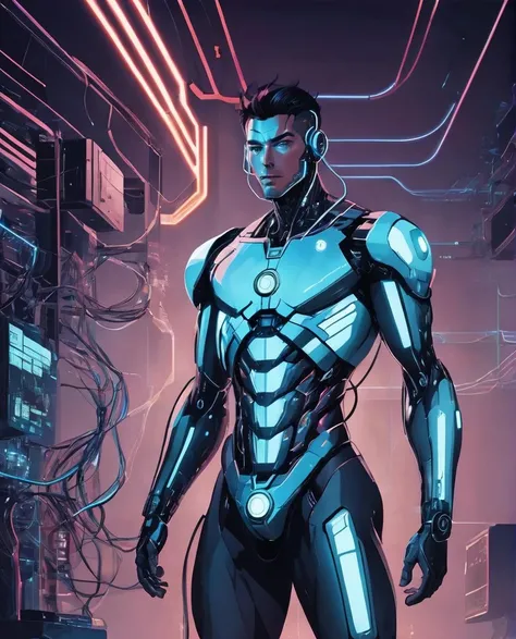 cyborg man connected to cyberspace, science fiction, three fourth perspective, high tech, line art, (flat colors), masterpiece, high quality, 8k, best_quality, <lora:lineartSDXL:1>
