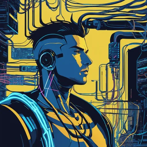 cyberpunk man connected to cyberspace, wires, cables, tubes, complex, surreal, futuristic, three fourth perspective, high tech, lineart, flat colors, <lora:lineartSDXL:1>