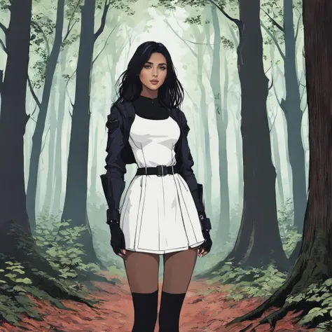 1girl, 25 years old, beautiful forest, (detailed:1.3),masterpiece, realistic, dark,, flat colors,  <lora:lineartSDXL:1>