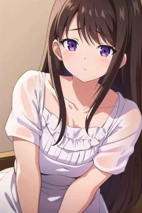 marinaakizuki, <lyco:marinaakizuki-lyco-nochekaiser:1>,
marina akizuki, long hair, brown hair, (purple eyes:1.1),
BREAK dress, ribbon, collarbone, short sleeves, white dress,
BREAK looking at viewer,
BREAK indoors,
BREAK <lyco:GoodHands-beta2:1>, (masterpiece:1.2), best quality, high resolution, unity 8k wallpaper, (illustration:0.8), (beautiful detailed eyes:1.6), extremely detailed face, perfect lighting, extremely detailed CG, (perfect hands, perfect anatomy),