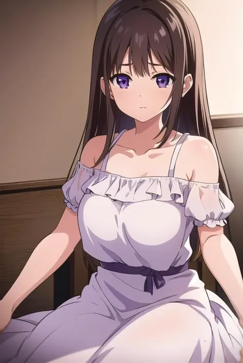 marinaakizuki, <lyco:marinaakizuki-lyco-nochekaiser:1>,
marina akizuki, long hair, brown hair, (purple eyes:1.1),
BREAK dress, ribbon, collarbone, short sleeves, white dress,
BREAK looking at viewer,
BREAK indoors,
BREAK <lyco:GoodHands-beta2:1>, (masterpiece:1.2), best quality, high resolution, unity 8k wallpaper, (illustration:0.8), (beautiful detailed eyes:1.6), extremely detailed face, perfect lighting, extremely detailed CG, (perfect hands, perfect anatomy),