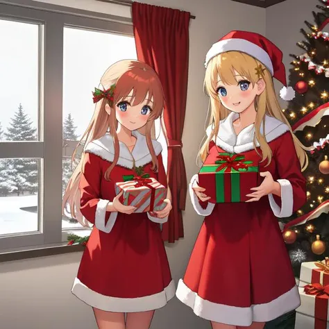 XmasTheme, 2girls, christmas tree, snowing, inside, hanging ornaments,