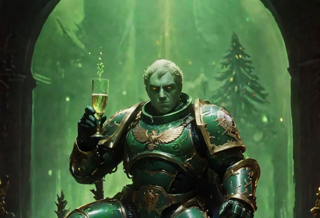 Czech Christmas fairy tale films, Old movie Style, 1970 czech, (1973), sideview, Silhouette,
Vintage festive xmas Overlord roboute mercenary in armor Sitting in huge luminous Green Absinthe champagne glass, laser eyes, Christmas trees Background,
, very Detailed, awesome Quality, reflecting, luminescent, translucent, Ethereal, Aura, 80s DARK dystopian Blade Runner Flair, dynamic Scene, very detailed, uhd, masterpiece, White smoke, light beams through smoke,