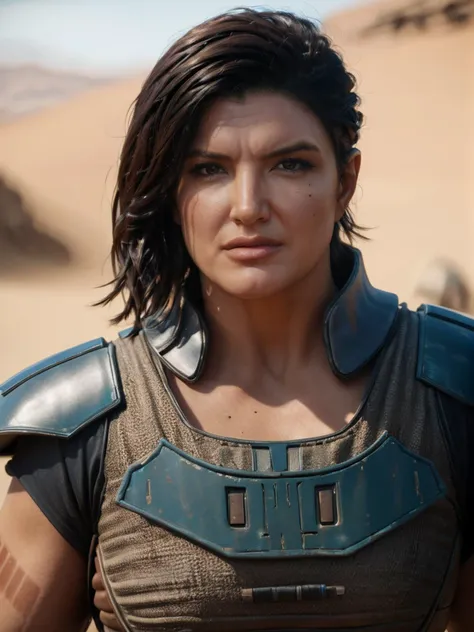 (extreme close-upy1.5) Hyper-realistic portrait of Cara Dune <lora:Cara_Dune_Mandalorian_2:0.8>, Gina Carano beautiful face, sexy figure, weathered and rugged armor with brown leather boots, intense gaze, furrowed brow, dramatic shadows, worn body armor with intricate details, (((dynamic action pose))), 8k uhd, dslr, soft lighting, high quality, background of star wars desert planet, intricate details, masterpiece, trending on artstation, realistic, Cinematic, epic, action packed, incredibly detailed and realistic, magnificent, vignette, high budget, bokeh, moody, sharp, highly detailed, concept art, realistic hands, dynamic pose, dynamic shotfantastic location, majestic cluttered environment, 8k unity render, action shot, skin pores, detailed, detailed face, (vibrant, photorealistic, realistic, dramatic, dark, sharp focus, 8k), (weathered damaged old worn leather outfit:1.5), (intricate:1.5), (highly detailed:1.4), octane render, sharp focus, art by artgerm, (loish:0.23) , wlop ilya kuvshinov, and greg rutkowski and alphonse mucha gracias, (global illumination, studio light, volumetric light)