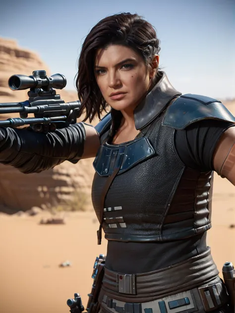 (three quarter view1.5) (full body1.5) shot Hyper-realistic portrait of Cara Dune <lora:Cara_Dune_Mandalorian_2:0.8> (((aiming a large gun))), Gina Carano beautiful face, sexy figure, weathered and rugged armor with brown leather boots, intense gaze, furrowed brow, dramatic shadows, worn body armor with intricate details, , (((dynamic action pose))), 8k uhd, dslr, soft lighting, high quality, background of star wars desert planet, intricate details, masterpiece, trending on artstation, realistic, Cinematic, epic, action packed, incredibly detailed and realistic, magnificent, vignette, high budget, bokeh, moody, sharp, highly detailed, concept art, realistic hands, dynamic pose, dynamic shotfantastic location, majestic cluttered environment, 8k unity render, action shot, skin pores, detailed, detailed face, (vibrant, photorealistic, realistic, dramatic, dark, sharp focus, 8k), (weathered damaged old worn leather outfit:1.5), (intricate:1.5), (highly detailed:1.4), octane render, sharp focus, art by artgerm, (loish:0.23) , wlop ilya kuvshinov, and greg rutkowski and alphonse mucha gracias, (global illumination, studio light, volumetric light)