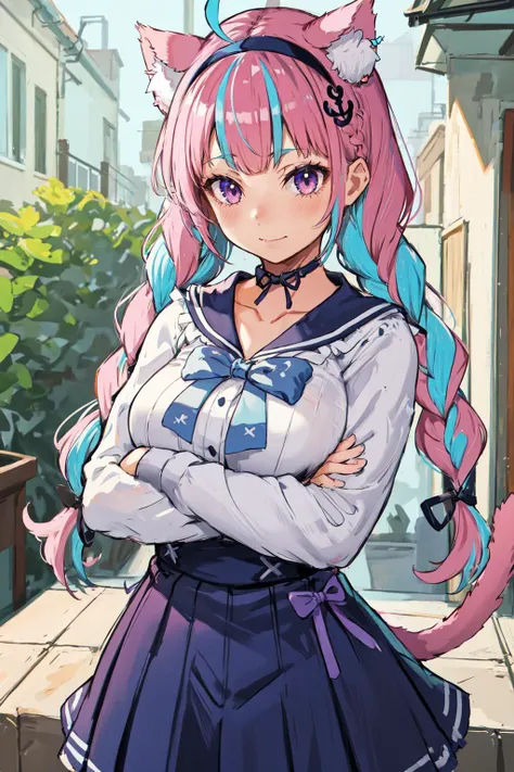 <lora:minatoAquaNekomimiVer_v1:0.5>masterpiece, best quality, highres, sidelighting, 1girl, minato aqua, virtual youtuber, tail, animal ears, cat ears, long hair, purple eyes, braid, ahoge, cat tail, skirt, multicolored hair, twin braids, blue hair, two-tone hair, hairband, tail ornament, tail ribbon, pink hair, anchor hair ornament, ribbon, sailor collar, school uniform, pleated skirt, bow, cat girl, twintails,lovely large breasts, bangs, upper body,Outside Stairs , embarrassed, Brilliant Colorful Paintings,crossed arms, brushing face,Volumetric Lighting, Best Shadows, perfect anatomy