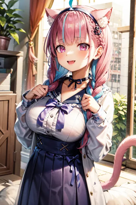 masterpiece, best quality, highres, sidelighting, 1girl, minato aqua, virtual youtuber, tail, animal ears, cat ears, long hair, purple eyes, braid, ahoge, cat tail, skirt, multicolored hair, twin braids, blue hair, two-tone hair, hairband, tail ornament, tail ribbon, pink hair, anchor hair ornament, ribbon, sailor collar, school uniform, pleated skirt, bow, cat girl, twintails, large breasts, bangs, <lora:minato_aqua_(neko)_v1:0.5>, upper body, smile,