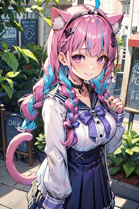 masterpiece, best quality, highres, sidelighting, 1girl, minato aqua, virtual youtuber, tail, animal ears, cat ears, long hair, purple eyes, braid, ahoge, cat tail, skirt, multicolored hair, twin braids, blue hair, two-tone hair, hairband, tail ornament, tail ribbon, pink hair, anchor hair ornament, ribbon, sailor collar, school uniform, pleated skirt, bow, cat girl, twintails, large breasts, bangs, upper body, cafe, smile, <lora:minatoAquaNekomimiVer_v1:0.5>