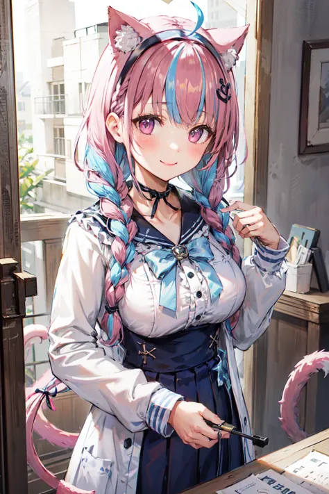masterpiece, best quality, highres, sidelighting, 1girl, minato aqua, virtual youtuber, tail, animal ears, cat ears, long hair, purple eyes, braid, ahoge, cat tail, skirt, multicolored hair, twin braids, blue hair, two-tone hair, hairband, tail ornament, tail ribbon, pink hair, anchor hair ornament, ribbon, sailor collar, school uniform, pleated skirt, bow, cat girl, twintails, large breasts, bangs, <lora:minato_aqua_(neko)_v1:0.5>, upper body, cafe, smile,