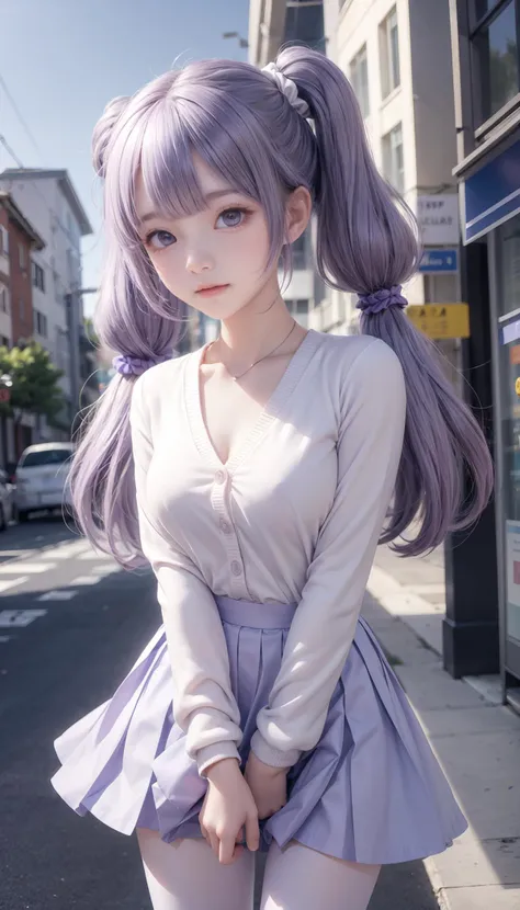 masterpiece,best quality,1girl,solo,<lora:unicorn_loha_test>,unicorn,(light purple hair),low twintails,light purple hair,standing,white cardigan,white pantyhose,hair ornament,black scrunchie,pleated skirt,pink neckerchief,street,city,from_below,