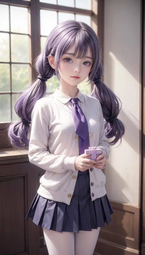 masterpiece,best quality,1girl,solo,<lora:unicorn_loha_test>,unicorn,(light purple hair),low twintails,light purple hair,standing,white cardigan,white pantyhose,hair ornament,black scrunchie,pleated skirt,pink neckerchief,holding_gift,indoor,