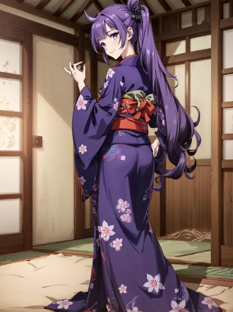 masterpiece, best quality, absurdres, official art, highly detailed, unicorn, 1girl, solo, purple eyes, purple hair,very long hair, evil smile, hand in own hair, japanese clothes,black kimono, print kimono, checkered kimono, standing, geta, long sleeves, long dress, on back, on bed, <lora:unicornAzurLane_v1:1>