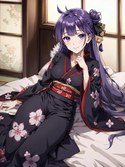 masterpiece, best quality, absurdres, official art, highly detailed, unicorn, 1girl, solo, purple eyes, purple hair,very long hair, evil smile, hand in own hair, japanese clothes,black kimono, print kimono, checkered kimono,   long sleeves, long dress,on bed, lying, <lora:unicornAzurLane_v1:1>