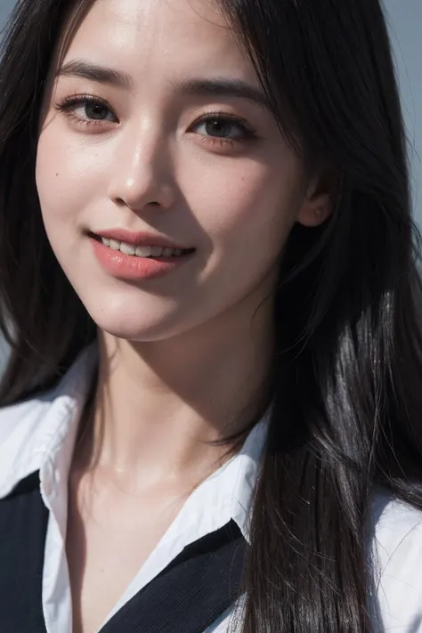 (8k, RAW photo, best quality, masterpiece:1.2),(realistic, photo-realistic:1.37), (close up to face:1.4), 1girl, solo,prefect anatomy,textured skin, (black long hair), smile, stewardess uniform, chiaroscuro, chromatic aberration abuse, super detail, textured skin, <lora:perfecteyes:0.1>