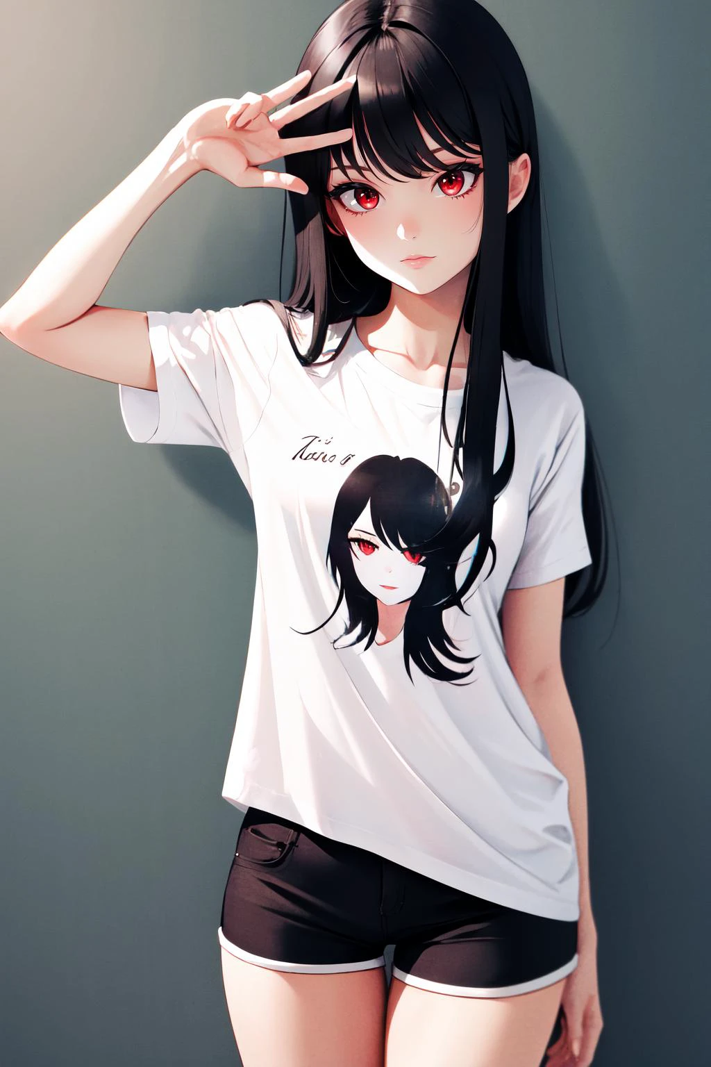 Highly detailed, High Quality, Masterpiece, beautiful, WrittenOnClothes, <lora:WrittenOnClothes:0.9>, 1girl, solo, red eyes, black hair, long hair, shirt, white shirt, shorts, short shorts, black shorts
