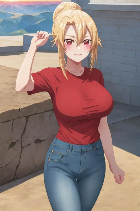 masterpiece, best quality, highres, dragon ball, android 18, blonde hair, short hair, smile, cowboy shot, top-quality、masterpiece、lighting like a movie、Beautie、beautidful eyes、outdores, (ruins), city, Beautiful skins、(medium tits:1.3)、long legged、real looking skin, short hair, skinny, ((((((masturbating)))))),(((((thick thighs))))), (((((pussy))))), (jean skirt)