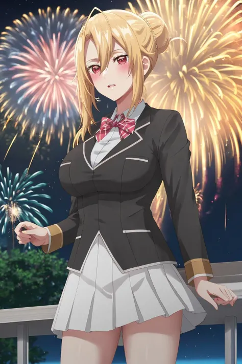 ((masterpiece, best quality,  high quality, highres,)) 
outdoors,( fireworks, aerial fireworks, firework background, )
night, night sky, 
looking at viewer, parted lips,  blush, 
AngelicaV1,school uniform, blazer, white shirt, skirt,  <lora:Angelica(Anime)-08:0.8>