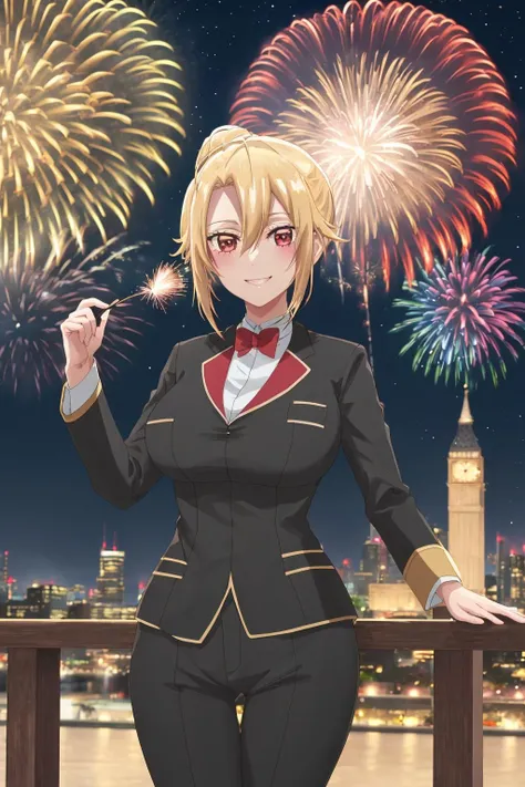 ((masterpiece, best quality,  high quality, highres,)) 
outdoors,( fireworks, aerial fireworks, firework background, )
night, night sky, 
looking at viewer, smile
AngelicaV1, black suit, black pants, <lora:Angelica(Anime)-08:0.8>