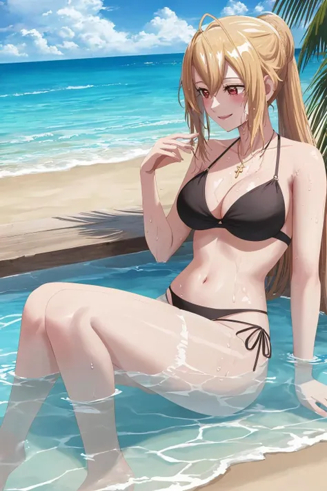 ((masterpiece, best quality,  high quality, highres,)) 
outdoors, beach,
partially submerged, wet clothes, wet, 
 looking away,  smile, sitting
AngelicaV1, black bikini ,<lora:Angelica(Anime)-08:0.8>
