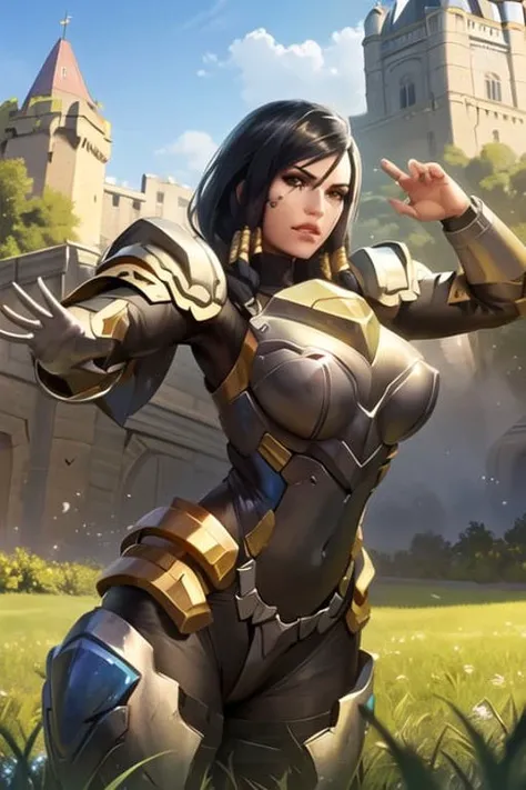 pharah, medieval steel cuirass, authorative pose, green grass field, medieval castle in background, <lora:pharahOverwatchLORA_v1:0.7>, best quality, high-definition, CG