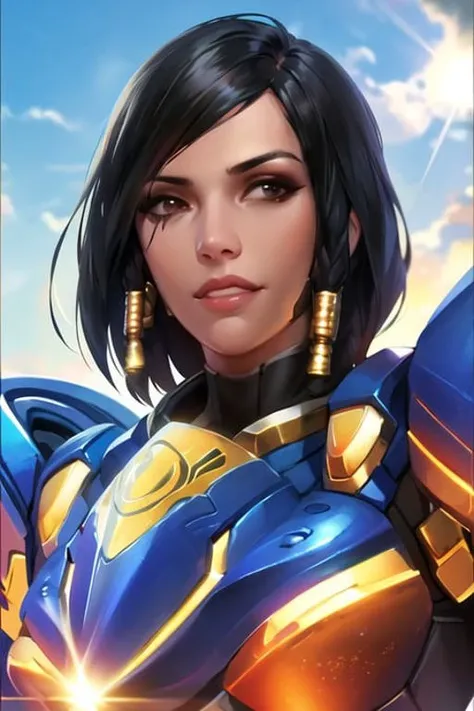 portrait, pharah, full armor, hopeful smile, sky background, sunlight, <lora:pharahOverwatchLORA_v1:0.7>, best quality