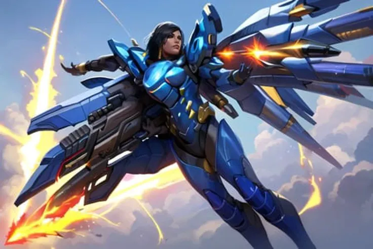 pharah, full power armor, justicerain, thrusters, jetpack, missiles, fire, condensation trail, sky background, sunlight, <lora:pharahOverwatchLORA_v1:0.7>, best quality