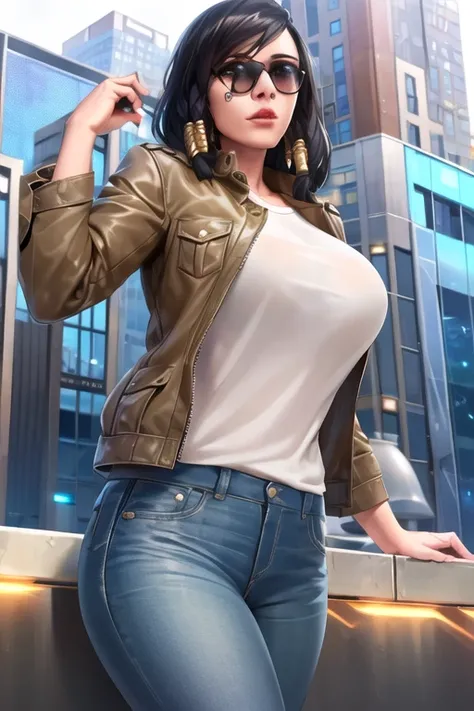 pharah, jacket, shirt, jeans, city street, sunglasses, detailed background, <lora:pharahLast:0.7>, best quality, high-definition, CG