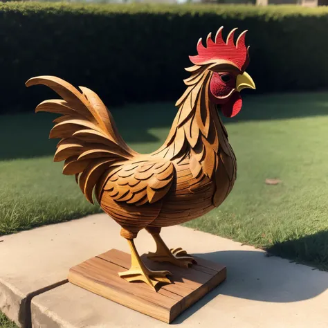 a (woodcarvingcd, shiny:1.2) rooster, simple toy, toy model, standing on lawn, (solo:1.2), <lora:woodcarvingcd-000007:0.5>, no humans, high quality, masterpiece, realistic, photorealistic, (outdoors, lawn)