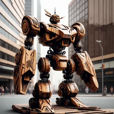 a (woodcarvingcd, shiny:1.2) armored robot, simple toy, toy model, standing on street, (solo:1.2), <lora:woodcarvingcd-000008:0.9>, no humans, high quality, masterpiece, realistic, photorealistic, (outdoors, cityscape)