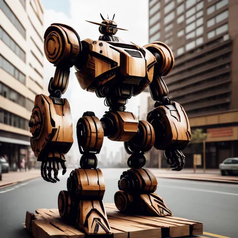 a (woodcarvingcd, shiny:1.2) armored robot, simple toy, toy model, standing on street, (solo:1.2), <lora:woodcarvingcd-000007:1.0>, no humans, high quality, masterpiece, realistic, photorealistic, (outdoors, cityscape)