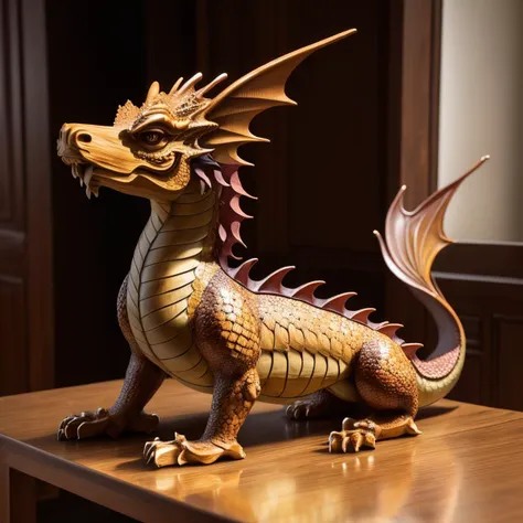 a (woodcarvingcd, shiny:1.2) chinese dragon statue, eastern dragon,  (solo:1.2), <lora:woodcarvingcd-000007:0.8>, no humans, high quality, masterpiece, realistic, photorealistic, (indoors, on table:1.2)