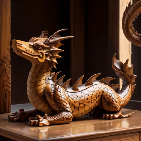 a (woodcarvingcd, shiny:1.2) chinese dragon statue, eastern dragon, (solo:1.2), <lora:woodcarvingcd-000008:1.0>, no humans, high quality, masterpiece, realistic, photorealistic, (indoors, on table:1.2)