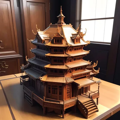 a (woodcarvingcd, shiny:1.2) chinese building, building model, (solo:1.2), <lora:woodcarvingcd-000007:0.8>, no humans, high quality, masterpiece, realistic, photorealistic, (indoors, on table:1.2)