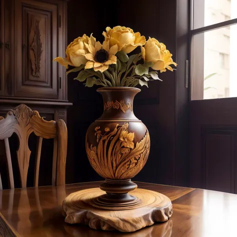 a (woodcarvingcd, shiny:1.2) vase, flower inserted into the vase,  (solo:1.2), <lora:woodcarvingcd-000008:0.9>, no humans, high quality, masterpiece, realistic, photorealistic, (indoors, on table:1.2)