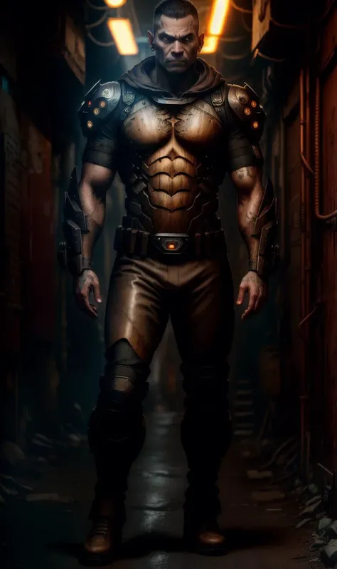 dark alley,full-length portrait,Russian Ork Street Doctor,Charcoal Gray Cobalt Blue Turquoise Blue cloth,short sleeves,dragon tattoo,Copper short hair,shadowrun,masterpiece,8k,highest quality,HDR,UHD,cyberpunk,intricate,(cinematic composition),dramatic lighting,high contrast,low angle shot,dominant posture,neutral facial expression,tribal jewelry,piercing,realistic folds,sci-fi,futuristic,light protective gear,pants,<lora:woodcarvingcd:0.7>,woodcarvingcd,