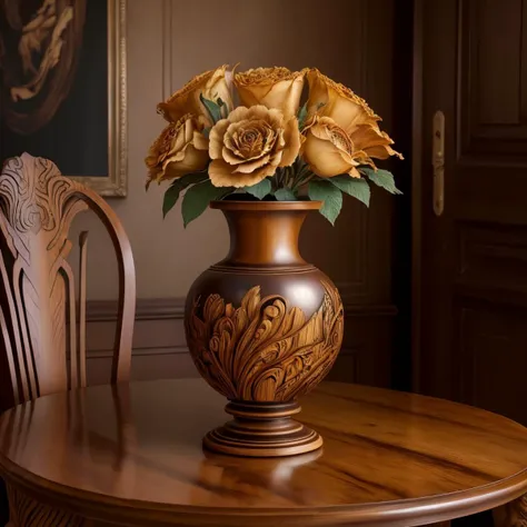 a (woodcarvingcd, shiny:1.2) vase, flower inserted into the vase,  (solo:1.2), <lora:woodcarvingcd-000007:0.8>, no humans, high quality, masterpiece, realistic, photorealistic, (indoors, on table:1.2)