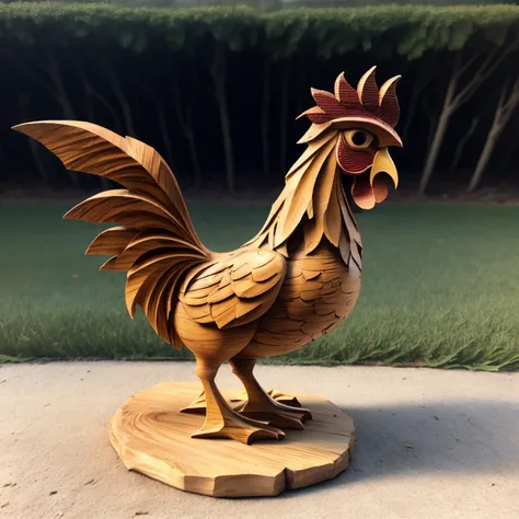 a (woodcarvingcd, shiny:1.2) rooster, simple toy, toy model, standing on lawn, (solo:1.2), <lora:woodcarvingcd-000008:0.7>, no humans, high quality, masterpiece, realistic, photorealistic, (outdoors, lawn)