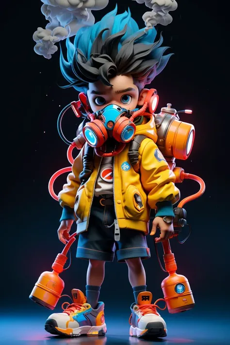 BJ_Monster,solo,looking_at_viewer,blue_eyes,simple_background,shirt,black_hair,1boy,blue_hair,standing,jacket,full_body,male_focus,multicolored_hair,shoes,shorts,mask,black_shorts,ring,spiked_hair,black_background,smoke,cable,yellow_jacket,male_child,gas_mask,tube,respirator,cinematic lighting,strong contrast,high level of detail,Best quality,masterpiece,White background,<lora:Oil_sucking_monster(4500):0.7>,