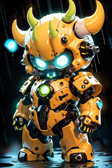 BJ_Monster,solo,cow,green_eyes,standing,horns,chibi,no_humans,glowing,robot,mecha,glowing_eyes,science_fiction,rain,
cinematic lighting,strong contrast,high level of detail,Best quality,masterpiece,White background,<lora:Oil_sucking_monster(4500):0.7>,