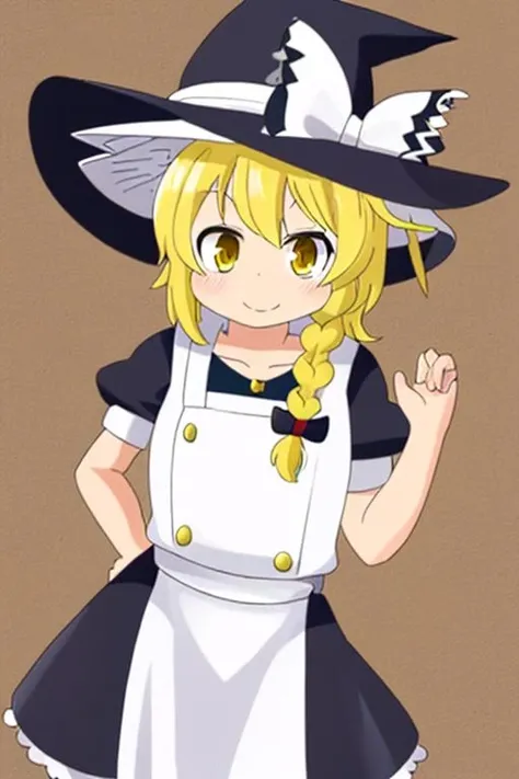 smile, asnr, 1girl, kirisame marisa, blonde hair, single braid, cowboy shot, yellow eyes, witch hat <lora:asnr-pixai:0.8>