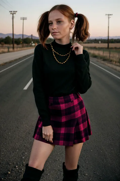 <lora:AlyssaHart_v1.0:1> AlyssaHart
in a (dynamic pose:1.2)
(female in roadside route 66),Beauty photo, facing viewer,
with (
J. Crew Cable knit sweater Plaid skirt Knee high boots Beaded necklace
:1.2)
(
ponytail
:1.3) hairstyle, (head tilt,:1.2)
detailed hair strand, ear, detailed upper torso, detailed eyes, detailed pupils, detailed iris, detailed nose, detailed lips, ears, detailed sideburns, eye reflection, ray tracing, path tracing,
in style of
Richard Avedon Portrait Large-format camera, high-quality lenses Simple backgrounds,
<lora:epiC35mm:1> epiCPhoto, (plunging neckline:-1) dirt highway vista background,