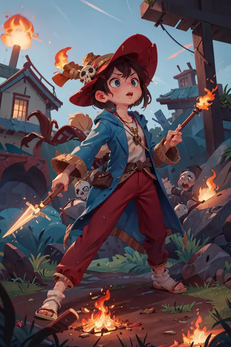 (best quality, masterpiece:1.1), 
<lyco:lilliput:0.85>, 
(night, night time, dark outside, dark), 
<lyco:Better light:0.7>, 
wind, (Japanese), (skull pirate hat), (overcoat, red shirt, lowleg pants, chain necklace),  battlefield, in the battle, enemies, ruins, war, dirts, fire, flame, red particles, fire, (fantasy, medieval, ancient:1.2), 
(long spear, (holding spear), battling position, dynamic pose), warrior, 
close up,    looking up, 
1girl, 
lovely small breasts,  irritating face,      
blue eye, 
[brown hair|orange hair], medium hair, spiked hair, hime cut,    intricate hair ornaments, 
      soggy sweat,