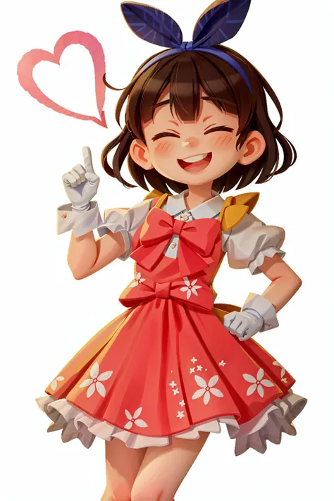 <lora:Style - Lilliput:1>, 1girl, akagi miria, solo, gloves, smile, two side up, closed eyes, blush, white gloves, ^_^, floral background, upper body, bow, facing viewer, short hair, frills, grin, heart, pointing at self, short sleeves, brown hair, ribbon, teeth, hair bow, black hair, bangs, jewelry, dress, blue bow, brooch